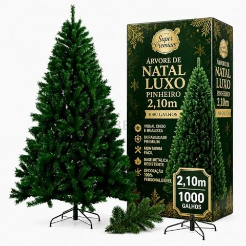 Árvore de Natal Tradicional Artificial Base Metálica, 2,10 m, 1000 Galhos