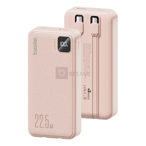 Power Bank Basike 20000mAh Rosa, Carga Rápida 22.5W para iPhone e Samsung, Com Cabos Embutidos e Display
