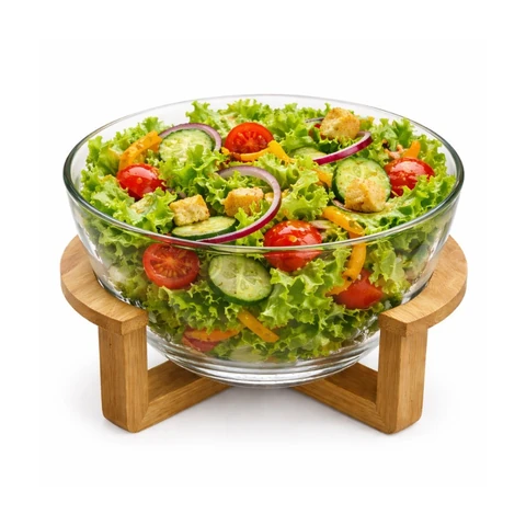 Saladeira De Vidro C/ Suporte De Madeira Bowl Sobremesa Tigela Mesa Cozinha 19cm