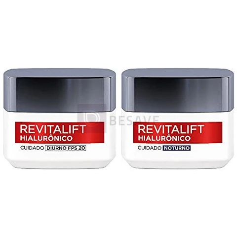 Kit Hidratante Facial L'Oréal Paris Revitalift Hialurônico Diurno FPS 20 + Noturno, Tratamento Antirrugas e Preenchedor com Ácido Hialurônico Puro, 49g