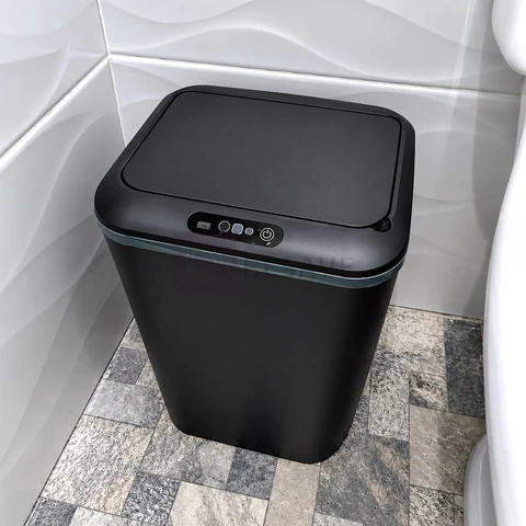 Lixeira Quadrada Preta 16L Inteligente Automática com Sensor para Banheiro e Cozinha