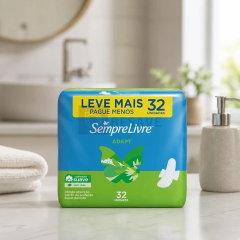 Absorvente com Abas Sempre Livre Adapt, Cobertura Suave, 32 Unidades