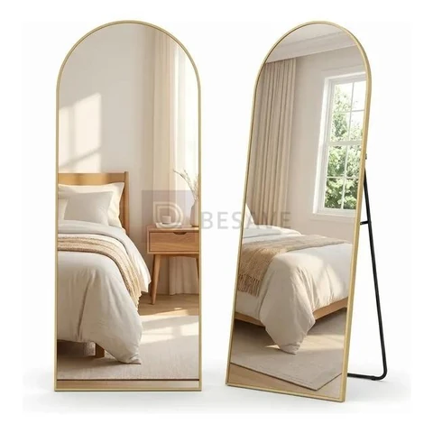 Espelho Oval Base Reta Arco Chão Parede Dourado 150x40cm