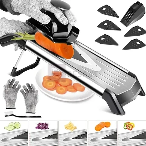 Mandoline Fatiador de Legumes Profissional com 5 Lâminas de Inox | Multifuncional para Cortar Batata, Cebola e Tomate - Luva de Segurança Inclusa