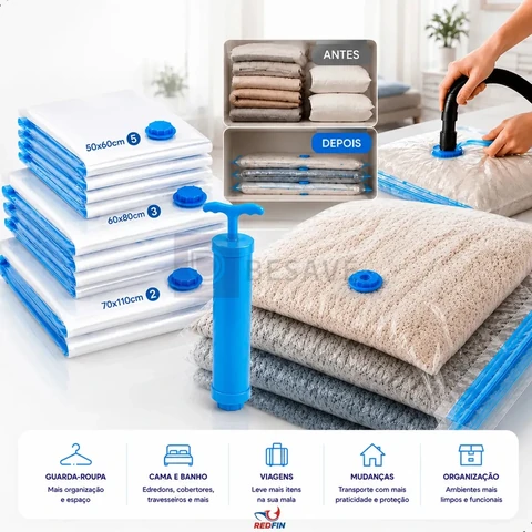 Kit 10 Sacos a Vácuo Reutilizáveis com Bomba para Viagem e Organização