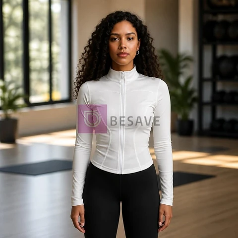Blusa manga longa feminina roupa fitness de suplex modeladora com ziper casaco esportivo yoga gola alta elegante justa