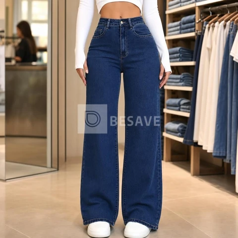 Calça Wide Leg Jeans Feminina Reta Perna Larga Empina Bumbum