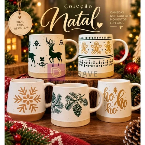 Caneca de Café, Chá com tema natalino em Cerâmica Natal 420ml, 540ml e de 550ml - Dinatale