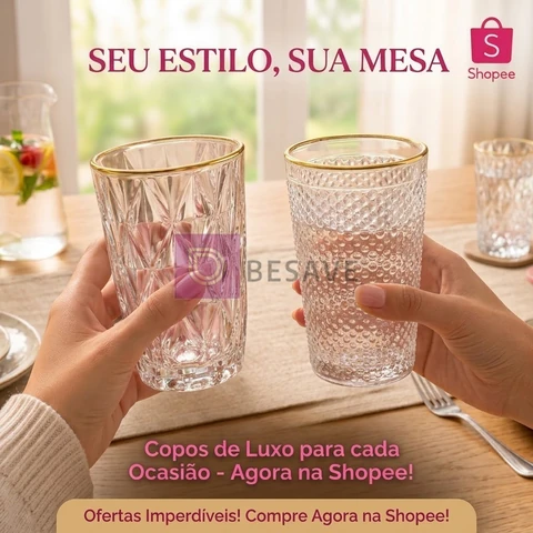 Jogo 6 Copos Vidro Borda Dourada 350ml Diamond ou Imperial Mesa Posta Luxo