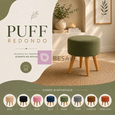 Banqueta Puff Redondo Reforçado 43cm com Pés Palito