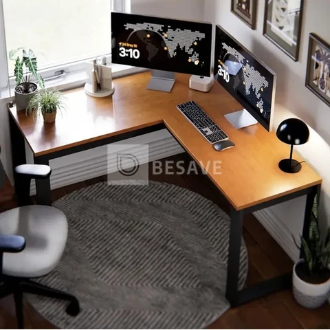Escrivaninha Industrial Em L Berlim Mesa Escritório Home Office Para Estudo De Canto Em MDF Cor Canela Preto