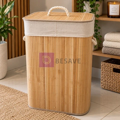Cesto De Roupa de Bambu Dobravel Organizador 72Litros Forrado Banheiro 60cm Grande Cesto Retangular