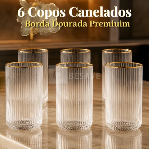 Jogo de Copos Vidro Borda Dourada Canelado 12 ou 6 unidades 420ml Elegante
