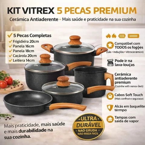 Jogo De Panelas Cerâmico Triplo Indução Vitrex Ecoglid 5 Peças Cor Preto Granito