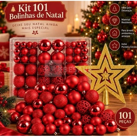 Kit 101 Bolas de Natal Decorativas para Árvore – Enfeites de Festa Clássicos e Brilhantes