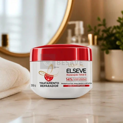 L'Oréal Paris Elseve Reparação Total 5+ Creme de Tratamento, Repara os 5 Sinais de Danos como Quebra e Ressecamento com Cicatri-Ceramida, Recupera, Hidrata e Dá Brilho, 300g