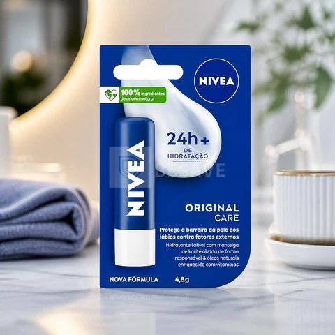 NIVEA Hidratante Labial Original Care 4,8g, Hidratação Intensa 24h, Protege contra Ressecamento, Cuidado Diário, Manteiga de Karité