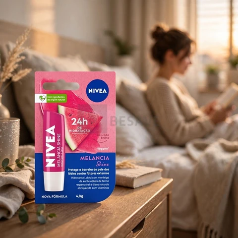 NIVEA Hidratante Labial Melancia Shine 4,8g, Hidratação Intensa 24h, Cor Suave, Brilho Delicado, Cuidado Diário, Manteiga de Karité