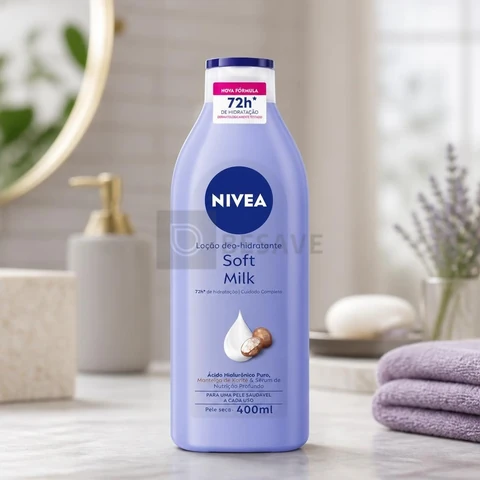 NIVEA Loção Deo-Hidratante Soft Milk 400ml, Hidratação Profunda 72h, Hialurônico Puro, Corporal, Pele Seca