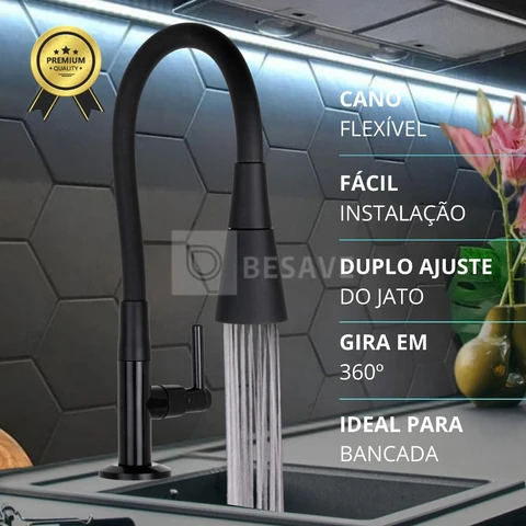 Torneira Bancada Cozinha Gourmet Preta Flexivel 2 Jatos 1/4 de volta para mesa pia bancada e mármore