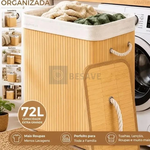 Cesto Organizador De Roupa Bambu Dobrável Retangular Com Tampa Forro e Alças 72 Litros Grande Capacidade Reforçado Caixa Organizadora para Brinquedos - Marca Camperluz