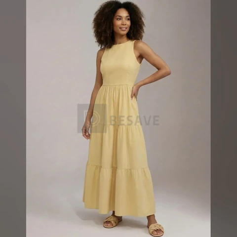 Vestido Midi Três Marias Viscose Linho Com Bolsos Laterais