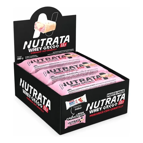 Barra de proteínas Nutrata WHEY Grego 40G sabor Morango com chantilly x 480g 12 un