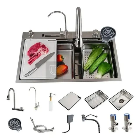 Cuba Cascata Premium Completa Com Acessórios Torneira Monocomando E Lavador De Copos Cozinha Gourmet Aço Inox 304 Cor Prata Widna