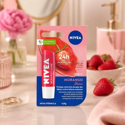 NIVEA Hidratante Labial Morango Shine 4,8g, Hidratação Intensa 24h