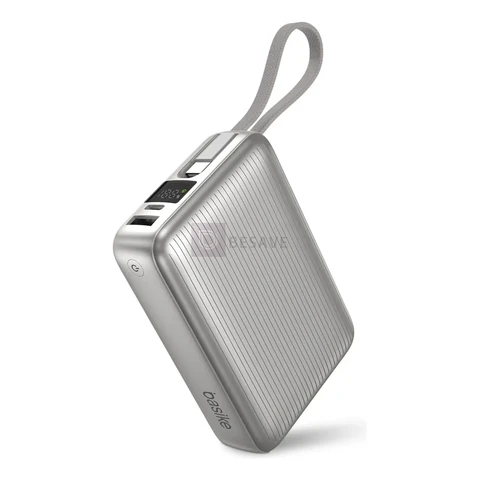Basike Power Bank 20.000mah Rápido Portátil 45w Rápido Com Display Cor Branco Power 3-saídas Com Cabo Embutido Usb-c Para Samsung iPhone Xiaomi Motorola Celular Tablet Macbook B203/B202 - Prata