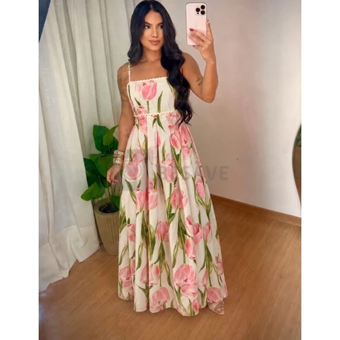 VESTIDO LONGO COM RECORTES LATERAIS ESTAMPA ROMÂNTICA TULIPA