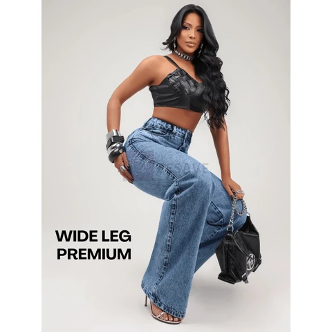 Calça Wid Leg Jeans Feminina Cintura Alta 100% Algodão Premium