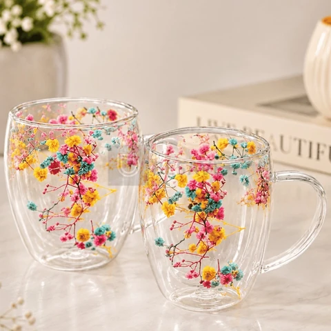 Xícara Caneca De Vidro Parede Dupla Com Flores Seca Caneca