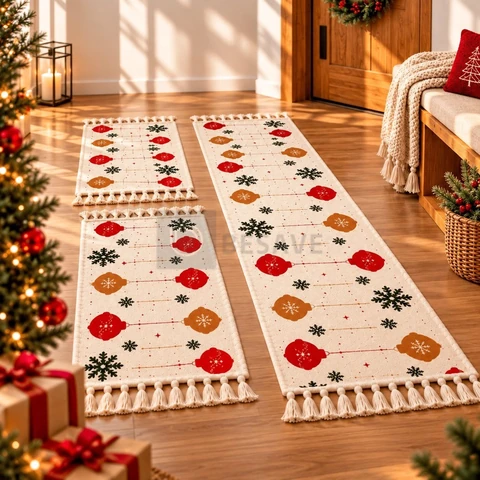 Jogo de Passadeira 3 Peças Natal de Tear Tapete de Cozinha Salas Corredores e ao lado da Cama Estampa Natal