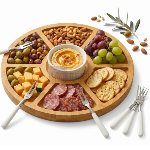Kit Tábua Petisqueira 7 Divisórias Com 6 Garfinhos E Ramekim Molheira Tabua 29Cm Para Petiscar Bandeja Queijo e Frios Gamela