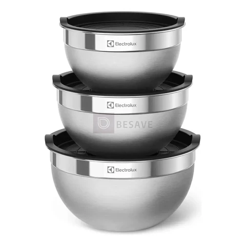Electrolux Kit 3 Bowls Tigelas de Aço Inox com Tampa Plástica, 1,4L, 2L e 2,6L