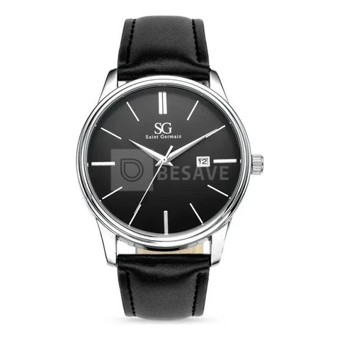 Relógio Masculino Chrowl Saint Germain Pulseira Couro Caixa Prateada Fundo Preto 42mm Clássico