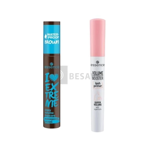 Kit Máscara de Cílios I Love Extreme Crazy Volume Marrom à Prova D’água + Primer Volume Booster essence, Mega Volume, Alongamento, Longa Duração, Óleo de Açaí e Manteiga de Manga