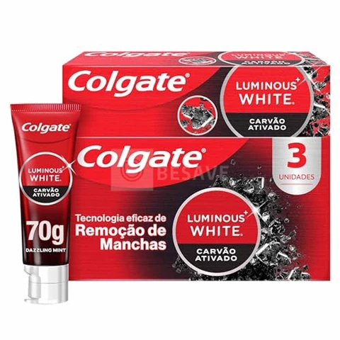 Colgate Luminous White Carvão Ativado Creme Dental Clareador, 3x70g