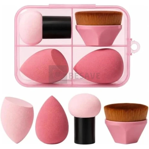 Kit Esponjas Para Maquiagem Profissional Com Estojo e Pincel– 1 Pincel Hexagonal, 1 Esponja Cogumelo, 2 Esponjas Gota 3D – Aplicação deCorretivo, Contorno, Pó, Base, Iluminador E Blush