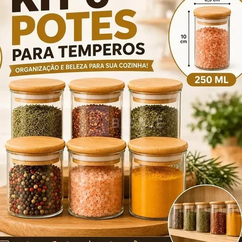 Kit 6 Potes de Vidro Hermético 250ml Tampa Bambu Porta Mantimentos Organizador Cozinha Vedação Silicone temperos
