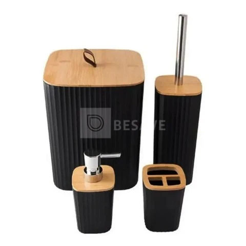 Kit Banheiro Preto 4 Peças Acessórios para Banheiro e Lavabo com Lixeira com Tampa Dispenser de Sabonete Líquido Porta Escova de Dentes e Escova Sanitária Plástico e Bambu Shokki