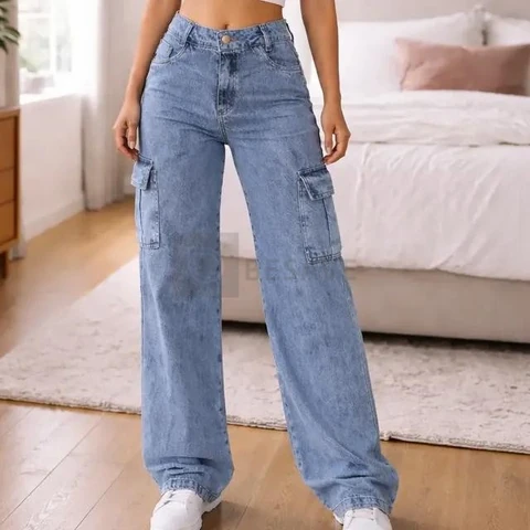Calça Cargo Feminina Wide Leg Cintura Alta Jeans Stillger