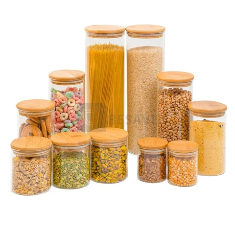Kit 11 potes de vidro com tampa de bambu herméticos redondos - Tüd