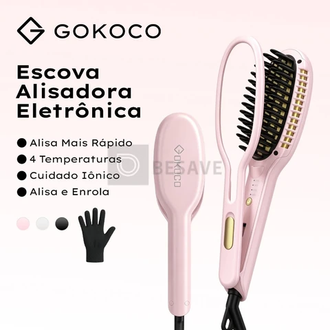 GOKOCO Escova Alisadora placas Alisa mais rápido 4 configurações de calor Cuidado capilar iônico Alisa e cacheia bivolt