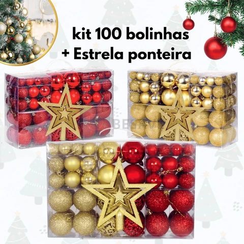 Kit 100 Bolas de Natal E Estrela Ponteira Decoração Enfeite Árvore Fosca Glitter Vermelha Dourada