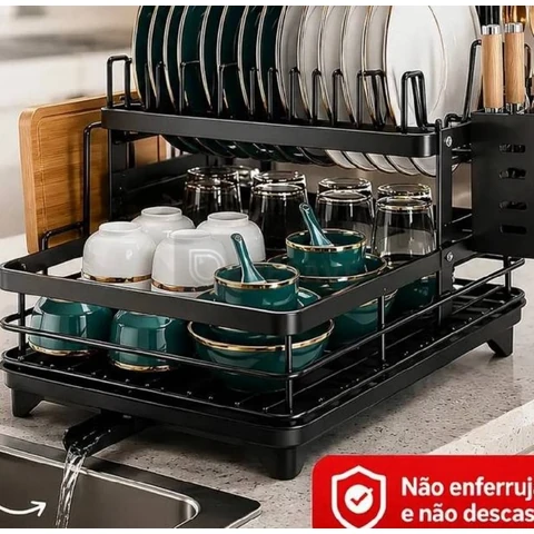 Escorredor De Louça Inoxidável 2 Andares Drenagem Automática Bandeja Grande 360o Organizador Pia Com Porta Talheres Tigelas Pratos