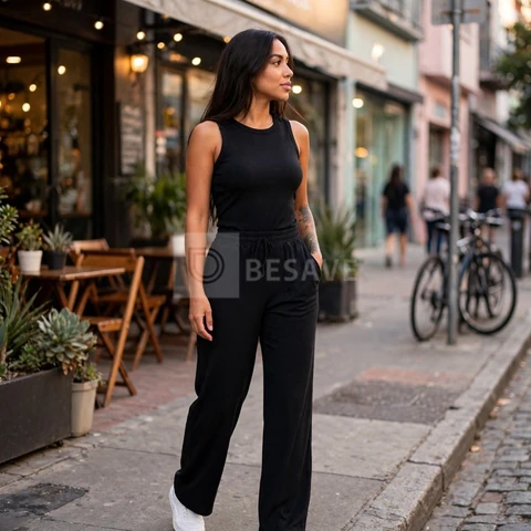 Conjunto Feminino Canelado Calça Wide Leg Pantalona com Bolsos + Regata Moda Verão Frio