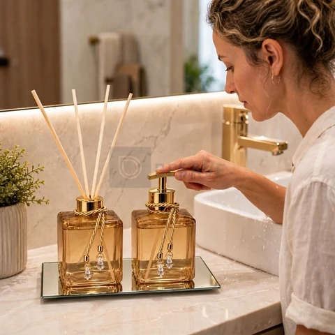 Kit Lavabo Pet Ambar Difusor de Varetas e Saboneteira Luxo Bandeja Banheiro Casa