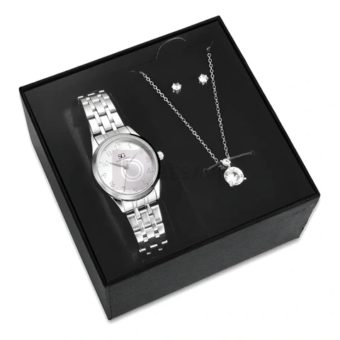 Kit Relógio Colar E Brincos Ponto De Luz Feminino Luxo Silver Saint Germain Presente Original Joias Prata Elegante Clássico 28mm